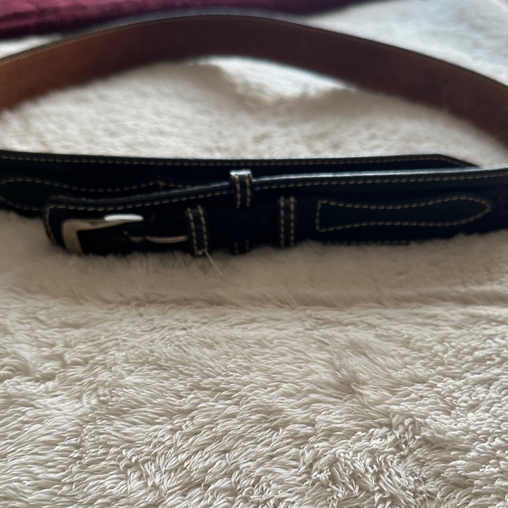 Men's Black and Brown Leather Cowhide Belt with Stitch Detail
